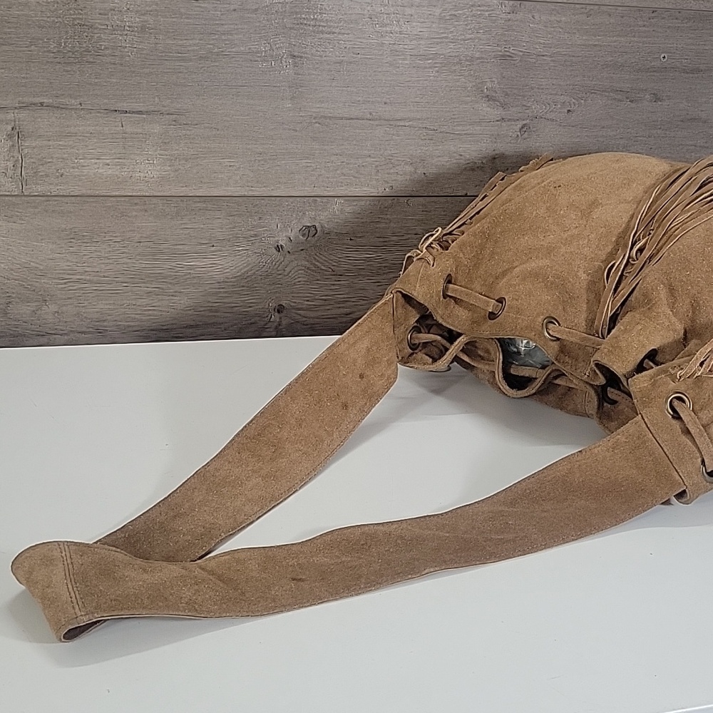 Raj for Anthropologie Boho Fringe Suede Bucket Crossbody Bag - Tan - Picture 5 of 12